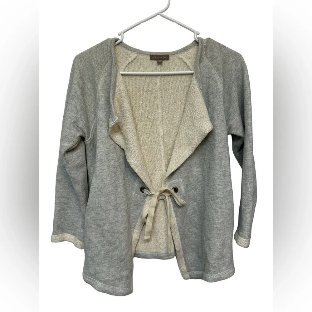 Lilla P French terry 3/4 sleeve grey open front cardigan with tie